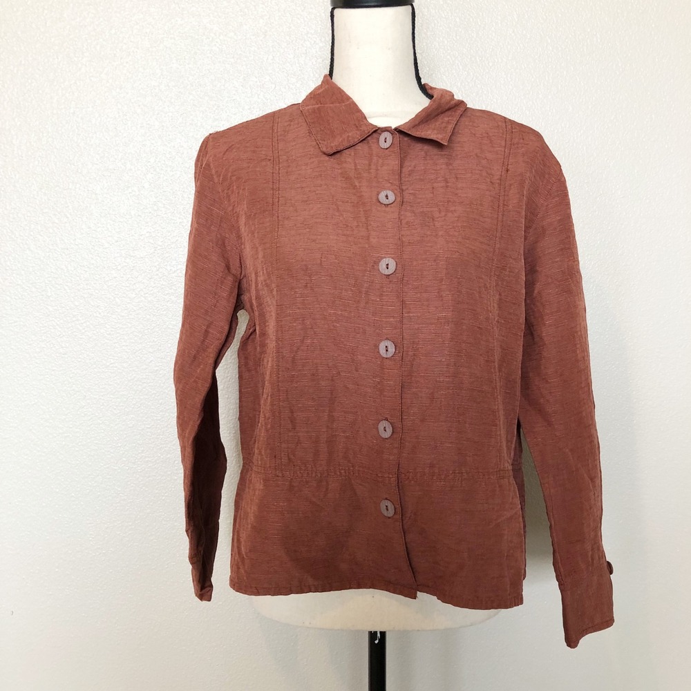 Nomadic Traders Top Womens Large Silk Linen Blend Button Shirt Terracotta Rust